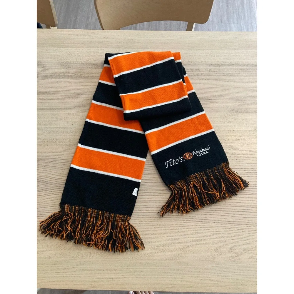 Tito's Handmade Vodka Knit Scarf Black Orange White Striped Fringed Winter Heavy